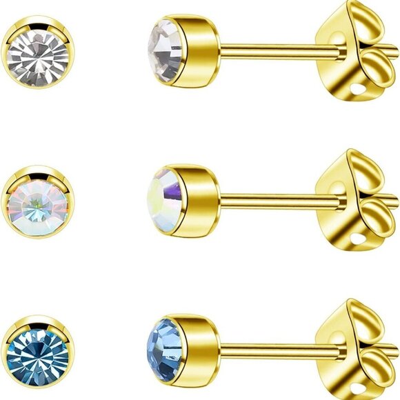 Jewelry - 3 Pairs Women's & Men's Stud Earrings - Solid Titanium, Hypoallergenic, Nickel F